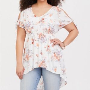 Torrid Ivory Flower V Neck High Low Top
